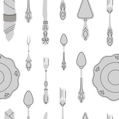 Fancy silver Cutlery seamless pattern set with table knife, spoon, fork, napkin, dessert, tea. Various shapes. Vintage style. Restaurant, dinner concept. Vector illustration isolated on background