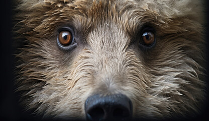 Intimate close-up of a brown bear's face, with soulful eyes and textured fur, evoking a sense of calm introspection and natural beauty.
