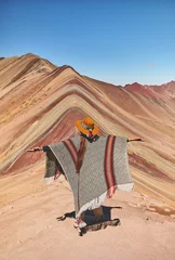 Papier Peint photo Vinicunca Young girl enjoying the magnificient view in front of the Vinicunca Rainbow Mountain, Peru South America