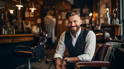 Draagtas Portrait of a skilled barber smiling, with a barber chair and grooming tools in the background © Emil