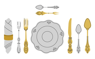 Fancy silver golden Cutlery set with table knife, spoon, fork, napkin, dessert, tea. Various shapes. Vintage style. Restaurant, dinner concept. Hand drawn Vector illustration isolated on background