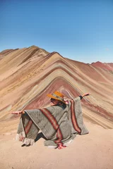 Photo sur Plexiglas Vinicunca Young girl smalling in front of the Vinicunca Rainbow Mountain, Peru South America