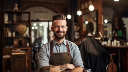 Portrait of a skilled barber smiling, with a barber chair and grooming tools in the background - obrazy, fototapety, plakaty