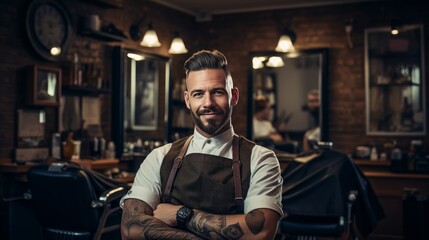 Fototapeta na wymiar Portrait of a skilled barber smiling, with a barber chair and grooming tools in the background