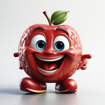 Vibrant apple character showcasing wide blue eyes, a huge joyful grin, and shiny red texture with a fresh green leaf.
