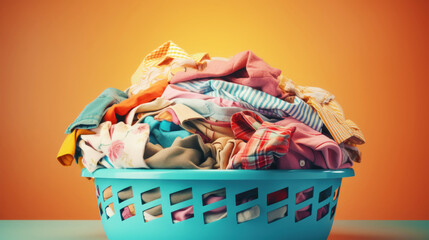 Basket full of bright dirty laundry on light background. Laundry service concept. Copy space. Generative AI