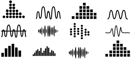 Sound waving icons, vibration and pulsing lines. Graphic design elements for financial monitoring, medical equipment, music app. Isolated vector illustration. - obrazy, fototapety, plakaty
