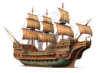 Sailing old pirate ship made with wood isolated on transparent background. Generative AI - obrazy, fototapety, plakaty