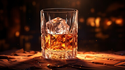 Crystal glass of whiskey with ice cubes on black background. Glass of scotch whiskey and ice on bokeh background. Whiskey with ice on a wooden table. - obrazy, fototapety, plakaty