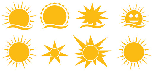 Sun icons set. Flat shining symbols collection. Daylight logos