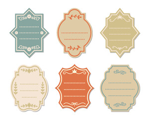 Retro colored paper label set. Old style ornate blank frames. Vintage empty cardboard tags with flourishes pattern. Premium quality product package sticker template. Luxury filigree flat frame border