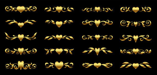 Gold heart shape text divider. Ornate floral element for luxury valentine card design. Jewelry golden brooch pin hairpin. Elegant book page separator