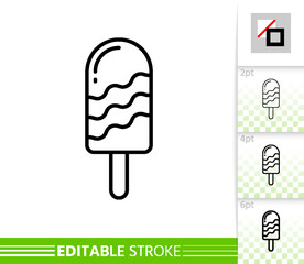 ice lolly with interlayer chocolate or fruits melt glaze flow down. single sign icecream on stick black line icon. vanilla cream sweet dessert. closeup vector illustration isolated on white