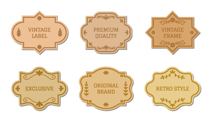 Vintage cardboard flat frame. Different shapes with retro pattern. Elegant blank stickers template for text badge, craft scrapbook price tag, product label. Victorian border luxury package sticker