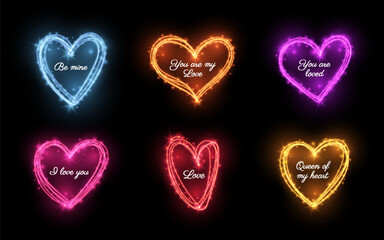 Heart shape frames with colorful light glow effect. Firework magic sparkles shine template for love romantic text message I love you. Valentine day greeting card Be mine. Banner sticker You are loved