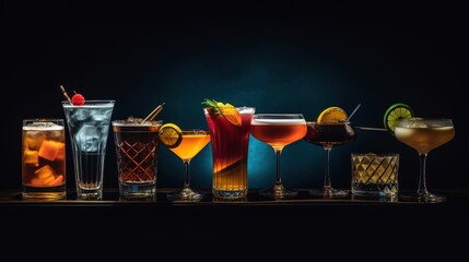 Classic drink menu concept featuring a variety of cocktails served on a dark background viewed from the front - obrazy, fototapety, plakaty