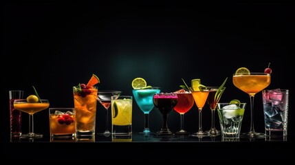 Classic drink menu concept featuring a variety of cocktails served on a dark background viewed from the front - obrazy, fototapety, plakaty