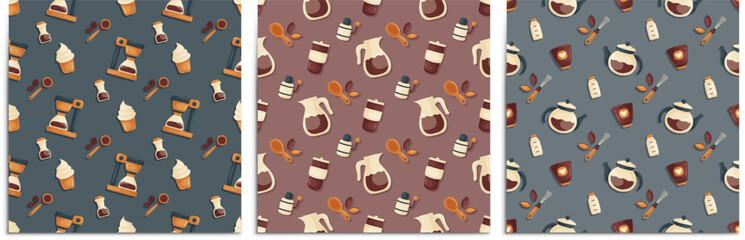 A set of seamless patterns with elements on the theme of brewing coffee. Teapots, coffee makers, desserts, coffee beans and barista tools. Cartoon style.