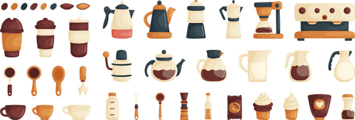 A set of items for a coffee shop and barista. Coffee machines, cups, paper cups, teapots with coffee, jugs with milk, cakes and chocolate, coffee and chocolate beans. Cartoon style. - obrazy, fototapety, plakaty