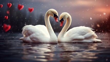Animal, wildlife, love and fantasy concept. Two white swans in love swimming in lake. Swans making heart shape from necks in dreamlike and magical background with copy space