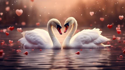  Animal, wildlife, love and fantasy concept. Two white swans in love swimming in lake. Swans making heart shape from necks in dreamlike and magical background with copy space © DZMITRY