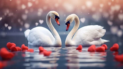  Animal, wildlife, love and fantasy concept. Two white swans in love swimming in lake. Swans making heart shape from necks in dreamlike and magical background with copy space © DZMITRY