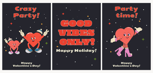 Trendy collection of postcards, posters, stickers, prints for Valentine's day with cartoon characters hearts on a dark background. Vector illustration in retro style of the 50s-60s