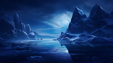 Splendeur Glaciale de nuit : Paysage hivernal entre glaciers et montagnes majestueuses
