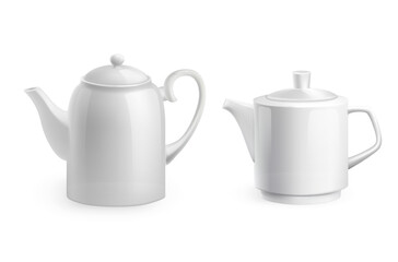Teapot set. Realistic white porcelain for hot herbs beverages. Utensil for morning drinks. Ceramic crockery different forms. Restaurant and home tableware. Vector isolated illustration