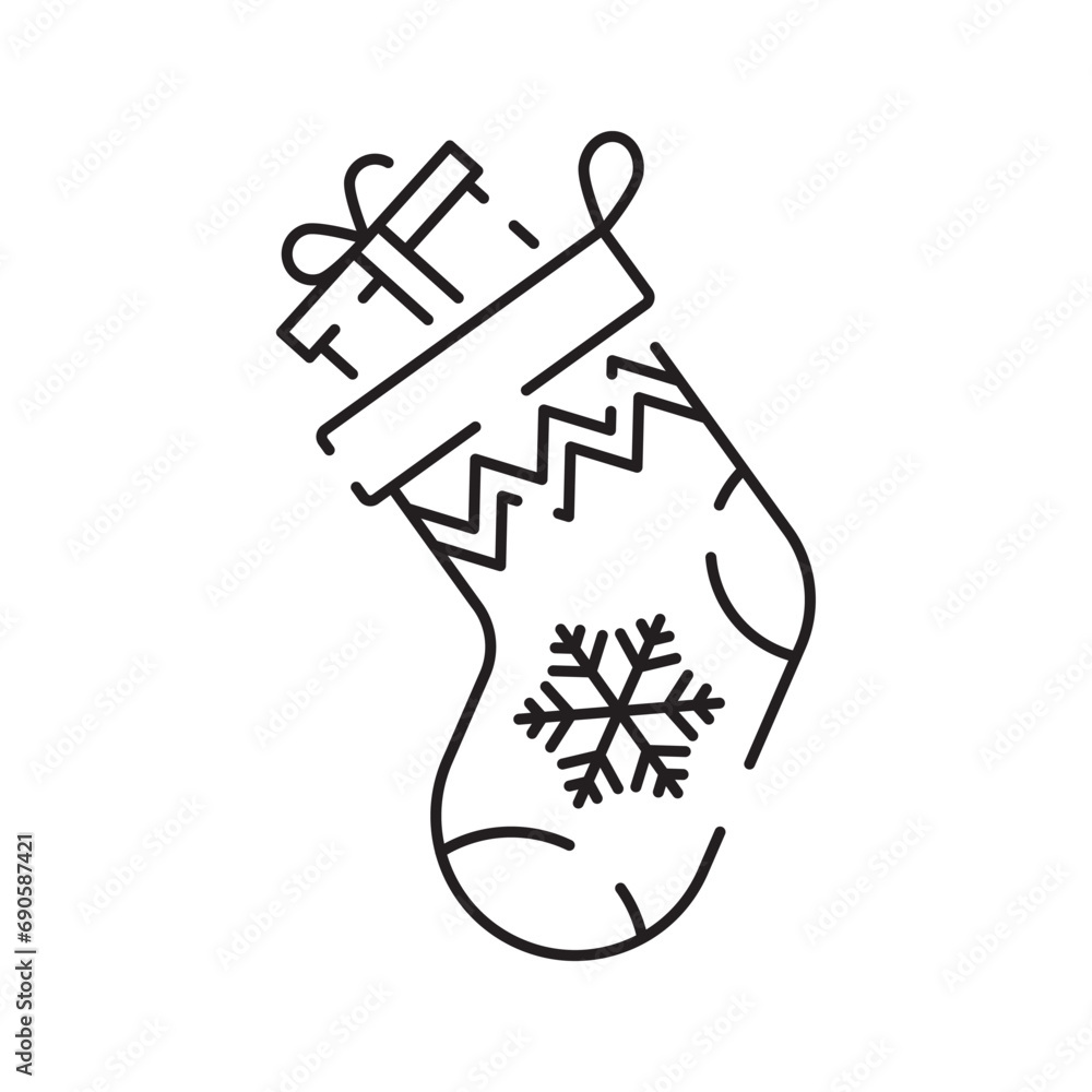 Sticker outline of a christmas sock line icon vector illustration. happy new year