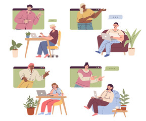 Fototapeta premium Online call. Men and woman sitting at desk and speaking with friends in internet chat. Digital video communication. Web conversation. Business conference. Vector cartoon flat illustration