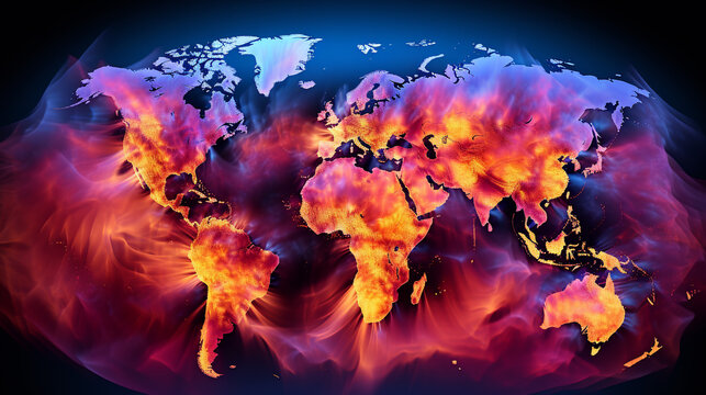 Global warming map illustration. Colorful worldmap - Globe Map Silhouette in Flame Flare. Stop Fires Concept.  Ai