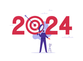 Analysis and development of strategies for business on the new year 2024, planning and setting business goals, businessman zoom magnifying glass picking target or goal business in 2024