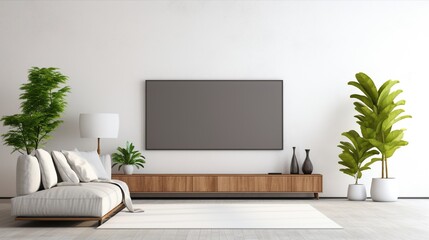 3D rendering of modern living room with TV screen on white wall.