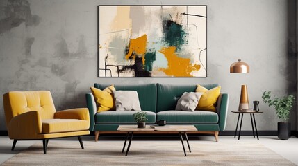 Abstract painting on grey wall of retro living room interior with beige sofa with pillows, vintage dark green armchair and yellow