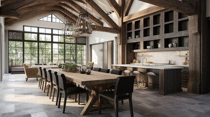 Amazing dining room near modern and rustic luxury kitchen with vaulted ceiling and wooden beams, long island with white quarts countertop and dark wood cabinets. - obrazy, fototapety, plakaty