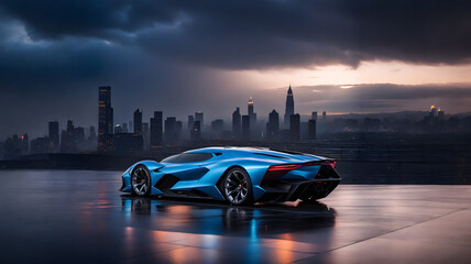 Photo of futuristic hypercar. Its Liquid Metal Silver exterior with Electric Blue accents gleams under the twilight sky, reflecting off rain-kissed streets in a cyberpunk metropolis. 
