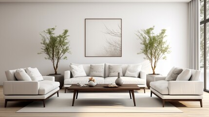 Armchairs and sofa placed around table in light living room of modern house with white background