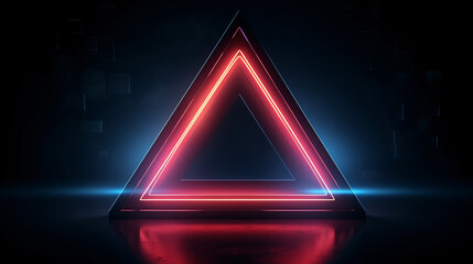 Neon triangle shape glowing in a dark room, 3D rendering