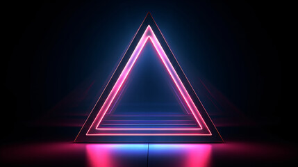 Neon triangle shape glowing in a dark room, 3D rendering
