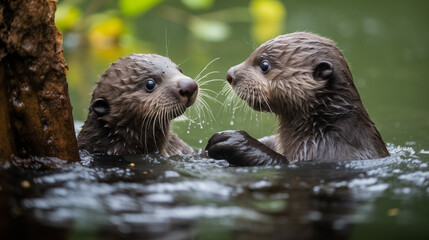 Obraz premium Jeu Aquatique : Deux adorables loutres s'amusent dans l'eau