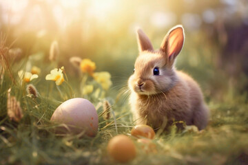 Fototapeta na wymiar Easter - Cute Bunny In Sunny Garden With Decorated Eggs