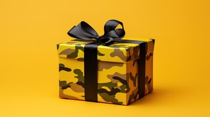 Gift box with khaki camuflage ribbon on the yellow background