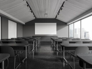 Grey classroom interior with chairs in row, window and mock up projection screen