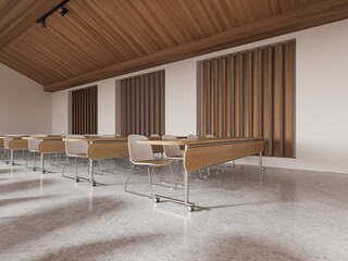 Modern class room interior with chairs and tables in row