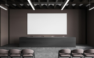Dark business auditorium interior with chairs and wooden desk, mock up canvas - obrazy, fototapety, plakaty