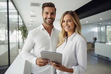 A man and a woman work together in the office, people smile, employees in the company use a tablet