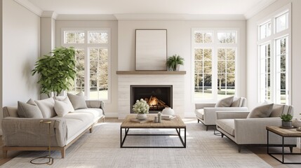 a bright and airy neutral beige gray living room den in a new construction house with a white and tiled fireplace as the main focal point as well as a decorative rug and lots of natural window light - obrazy, fototapety, plakaty