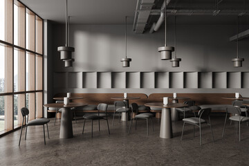 Gray cafe interior with sofas