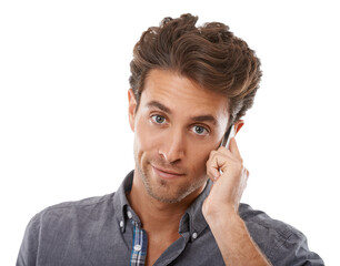 Business man, phone call and portrait in studio for communication, consulting or chat to contact on white background. Face of worker listening to mobile conversation, feedback or advice of connection